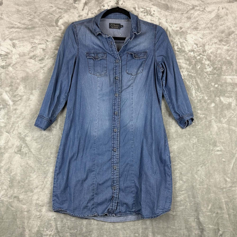 Ci Sono Button Front Dress Women's M Denim Blue 3/4 Sleeve Chest Pockets